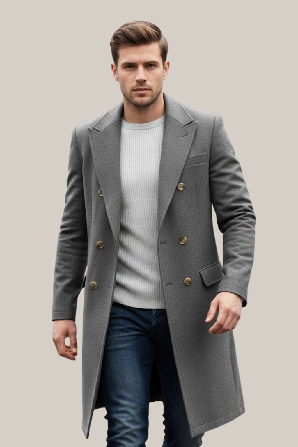 Men’s Double-Breasted Long Coat – Structured Lapel Design for Smart Casual & Formal Wear