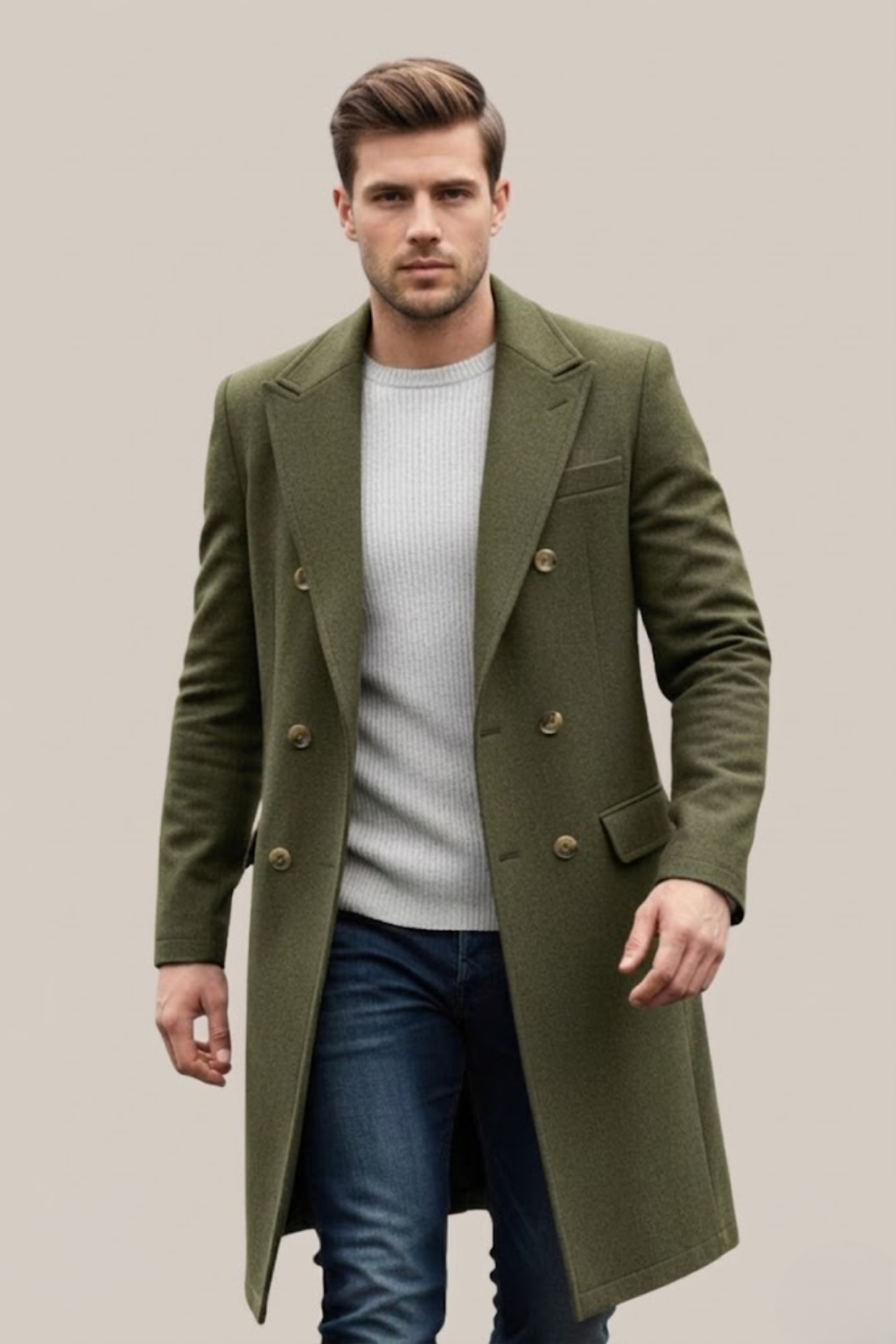 Men’s Double-Breasted Long Coat – Structured Lapel Design for Smart Casual & Formal Wear