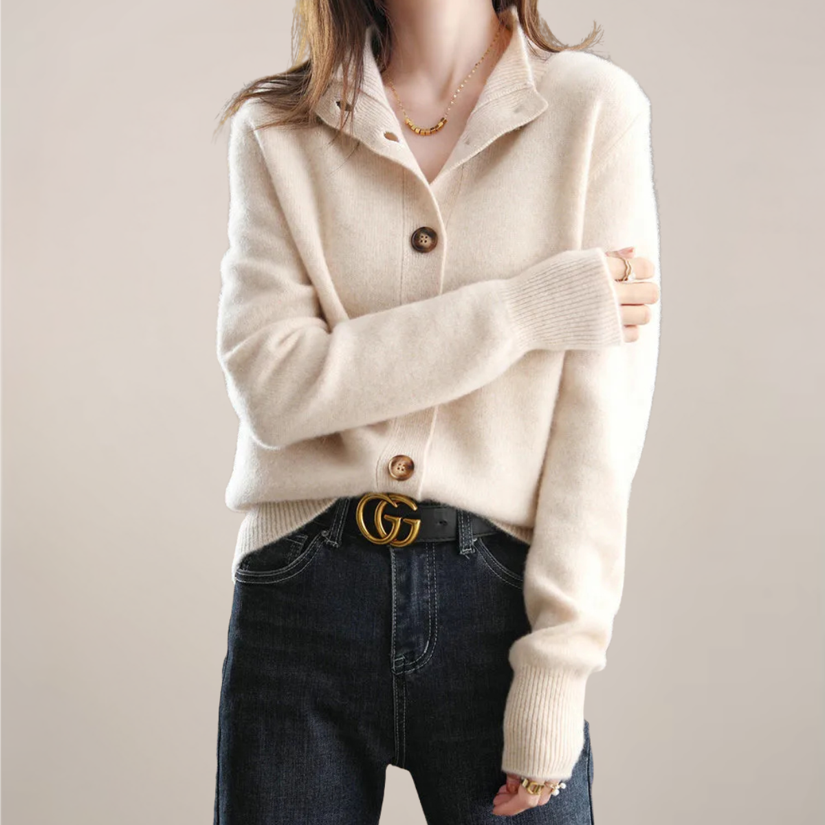 Women’s Cream Cardigan Sweater – Button Front, Soft Collar