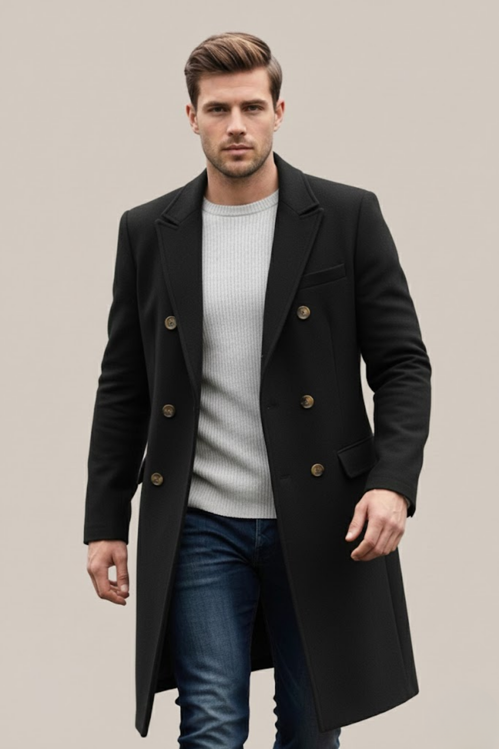Men’s Double-Breasted Long Coat – Structured Lapel Design for Smart Casual & Formal Wear