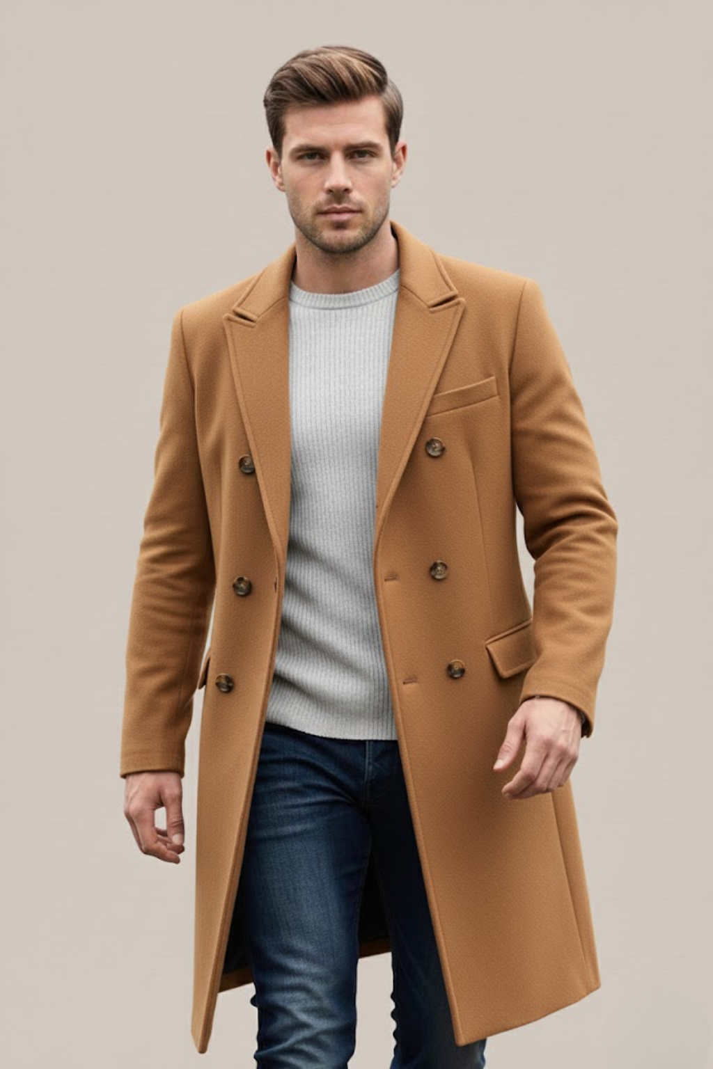 Men’s Double-Breasted Long Coat – Structured Lapel Design for Smart Casual & Formal Wear