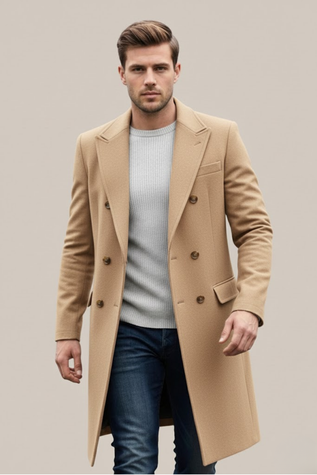Men’s Double-Breasted Long Coat – Structured Lapel Design for Smart Casual & Formal Wear