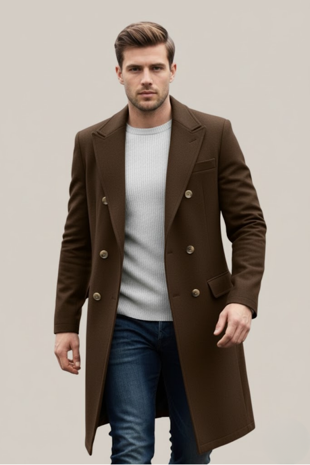 Men’s Double-Breasted Long Coat – Structured Lapel Design for Smart Casual & Formal Wear