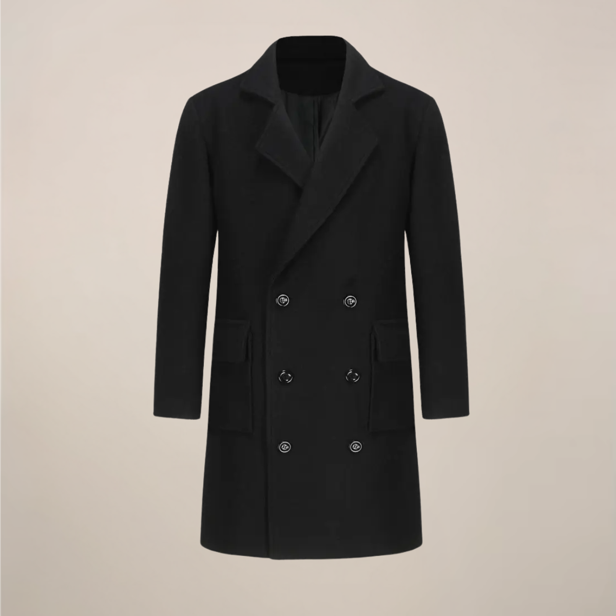 Men’s Black Double-Breasted Overcoat – Tailored Long Coat for Business & Winter Wear