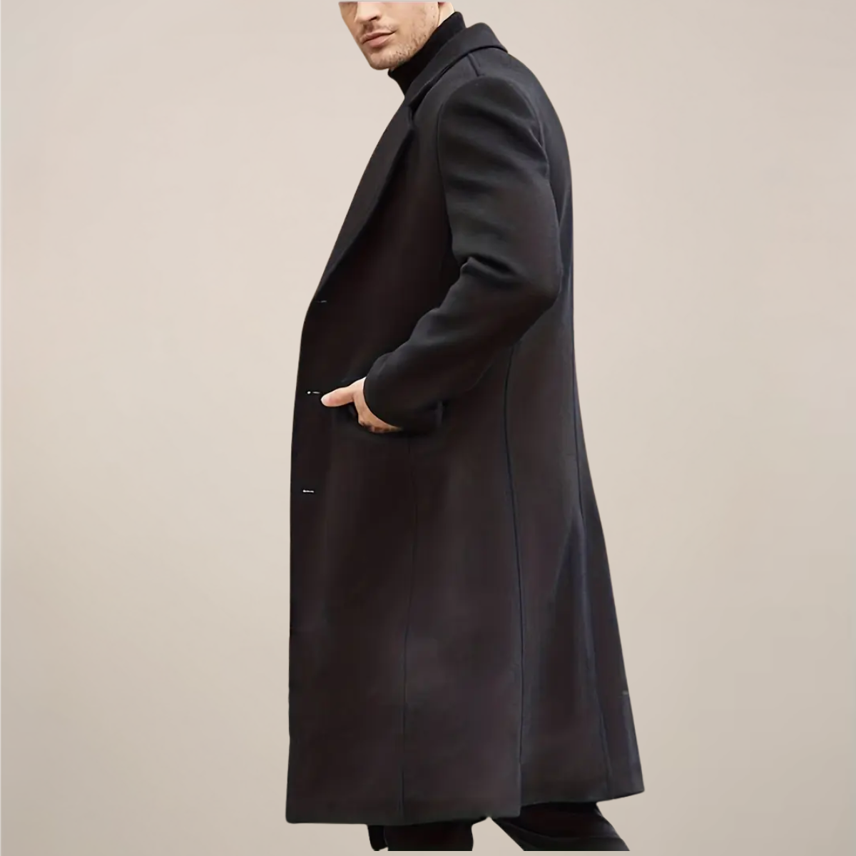 Men’s Black Long Overcoat – Tailored Single-Breasted Coat for Formal & Winter Wear