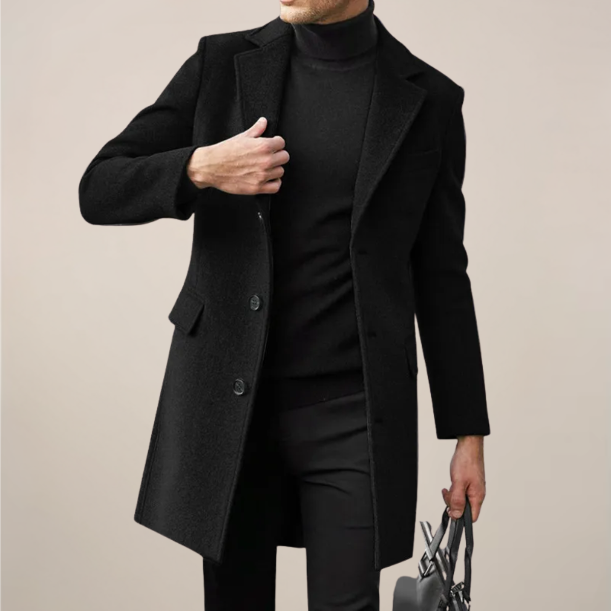 Men’s Black Long Overcoat – Tailored Single-Breasted Coat for Formal & Winter Wear