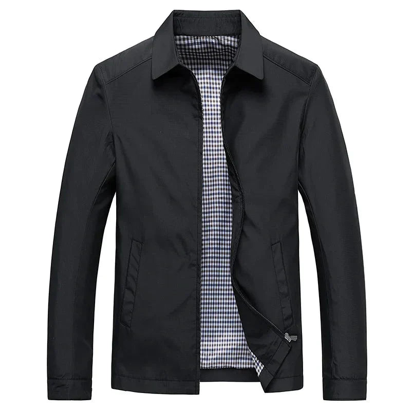 Men’s Classic Black Zip-Up Jacket – Lightweight Checked Lining