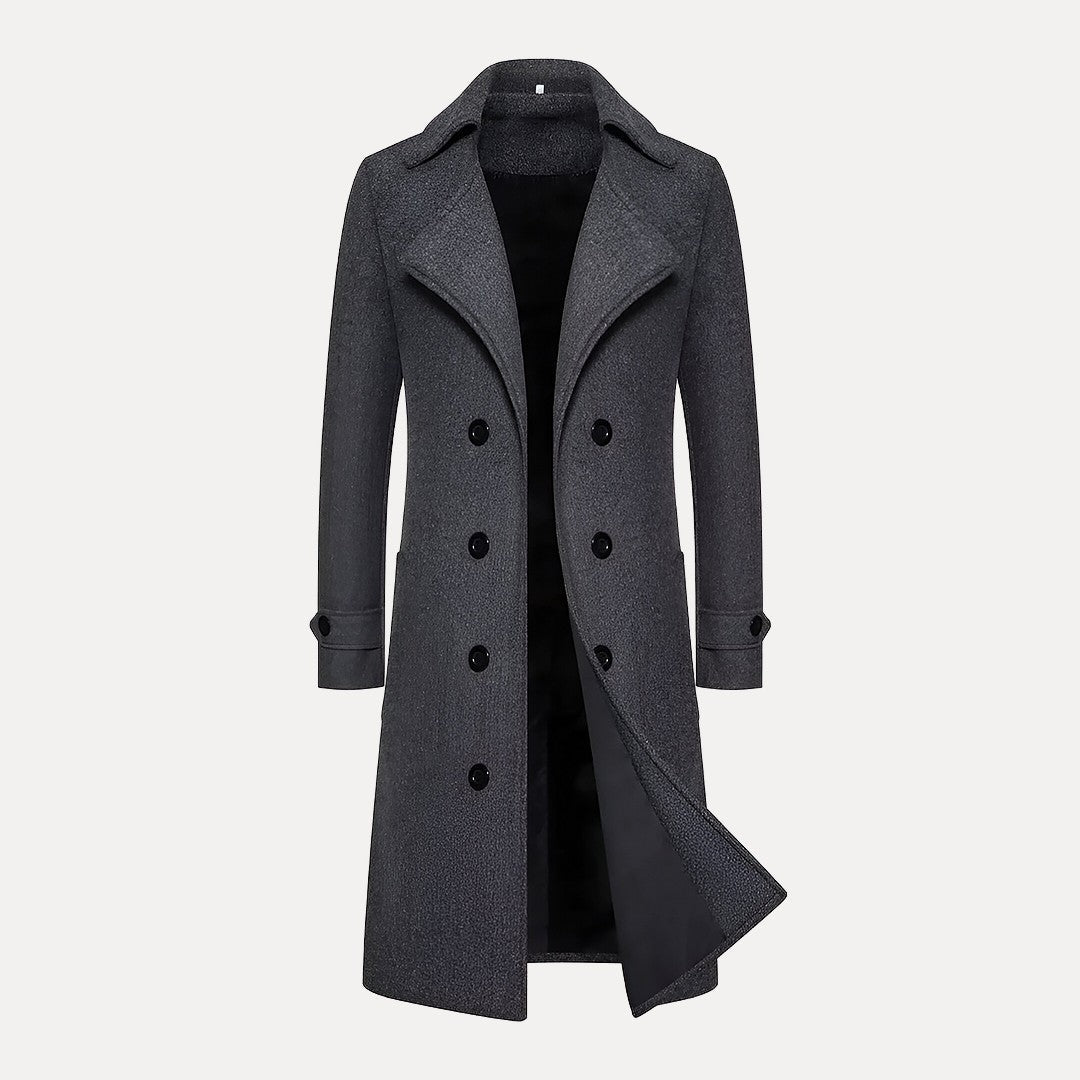 Men’s Double-Breasted Long Coat – Tailored Winter Overcoat with Peak Lapels