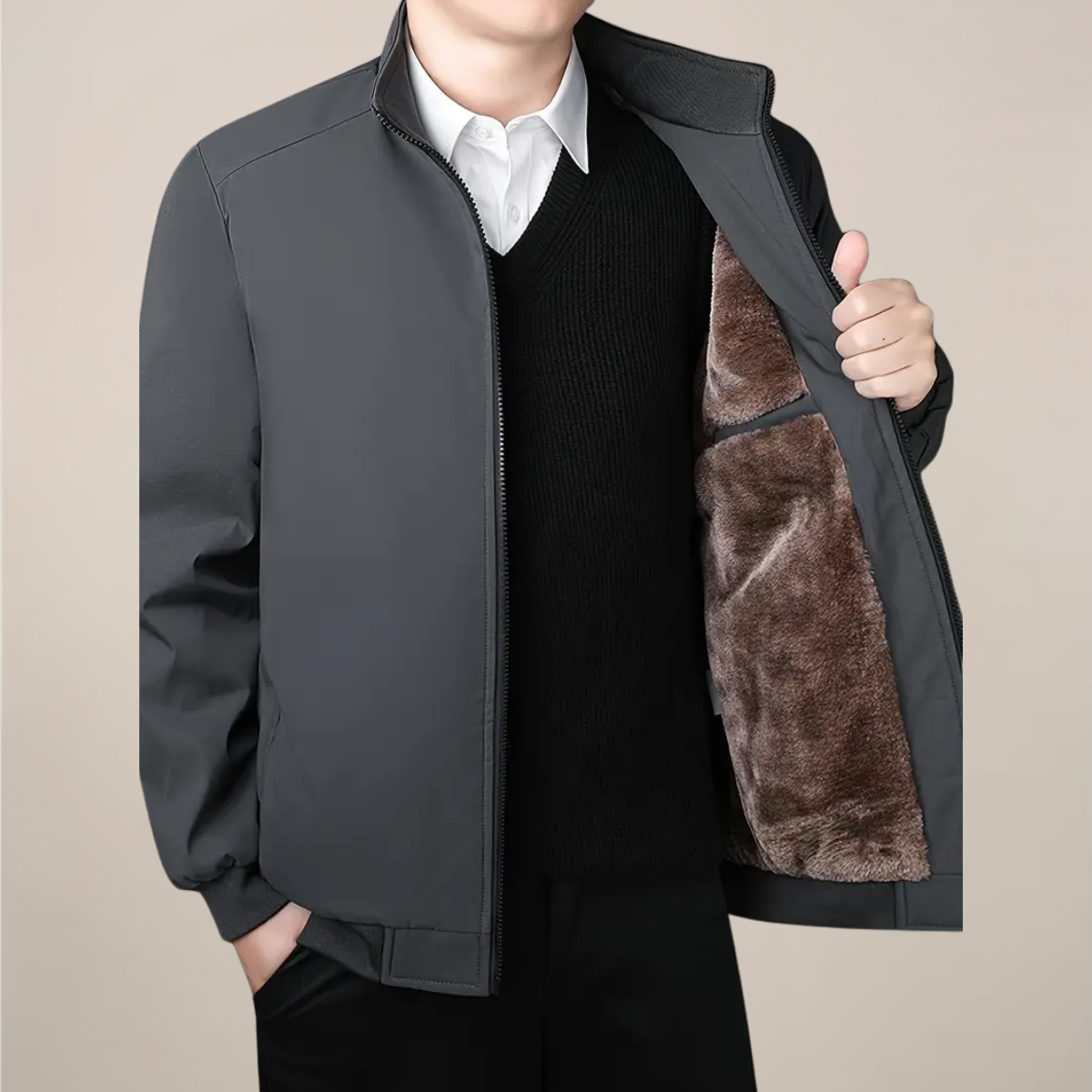 Men’s Fleece-Lined Jacket – Warm Stand Collar Zip-Up Coat for Winter & Casual Wear