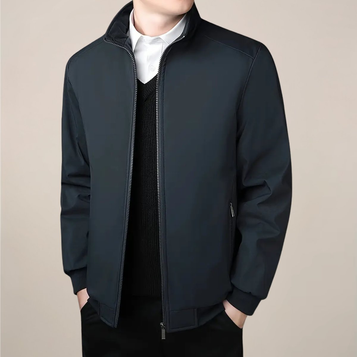 Men’s Fleece-Lined Jacket – Warm Stand Collar Zip-Up Coat for Winter & Casual Wear