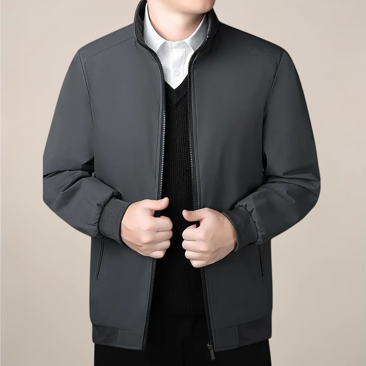 Men’s Fleece-Lined Jacket – Warm Stand Collar Zip-Up Coat for Winter & Casual Wear