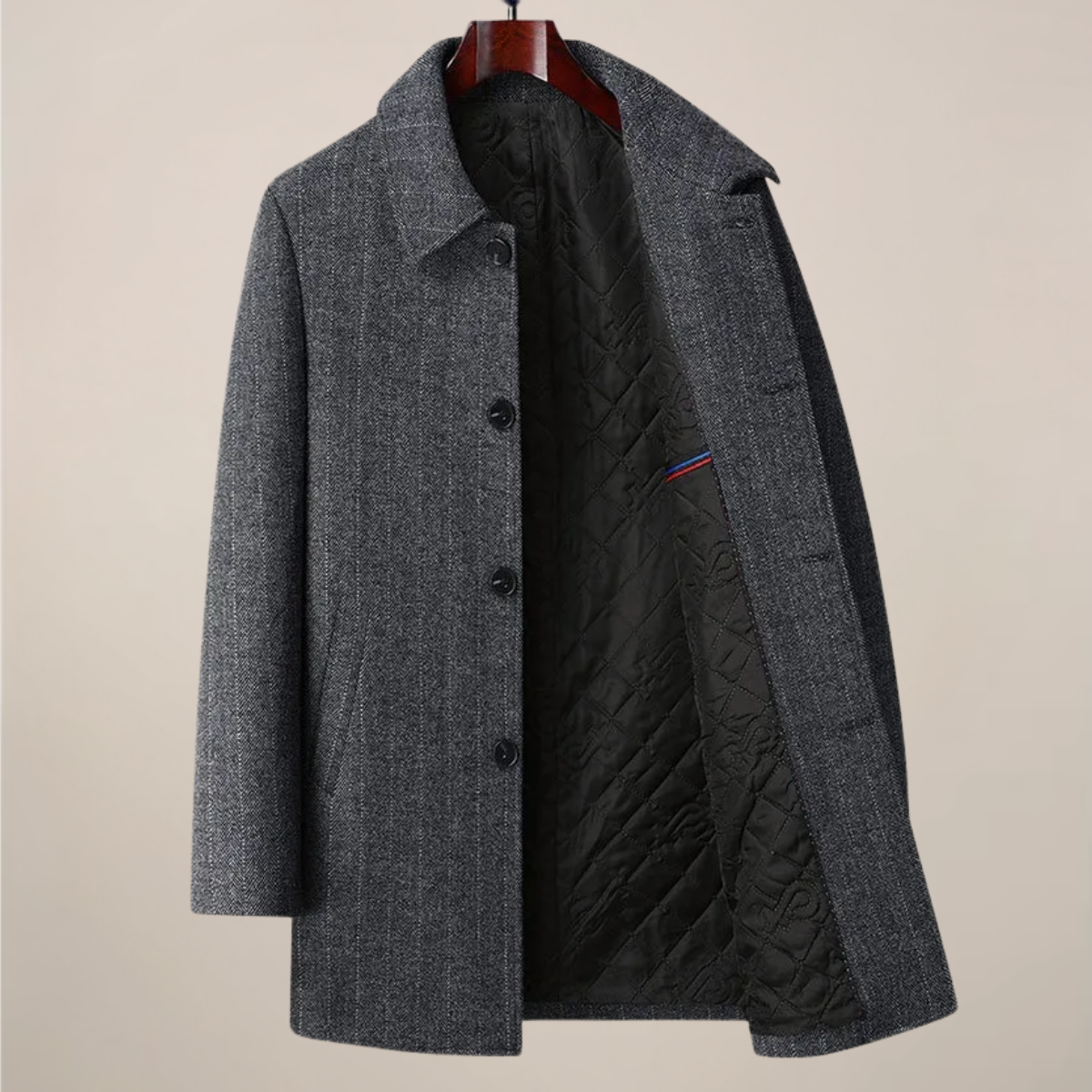Men’s Herringbone Car Coat – Point Collar, Button Front