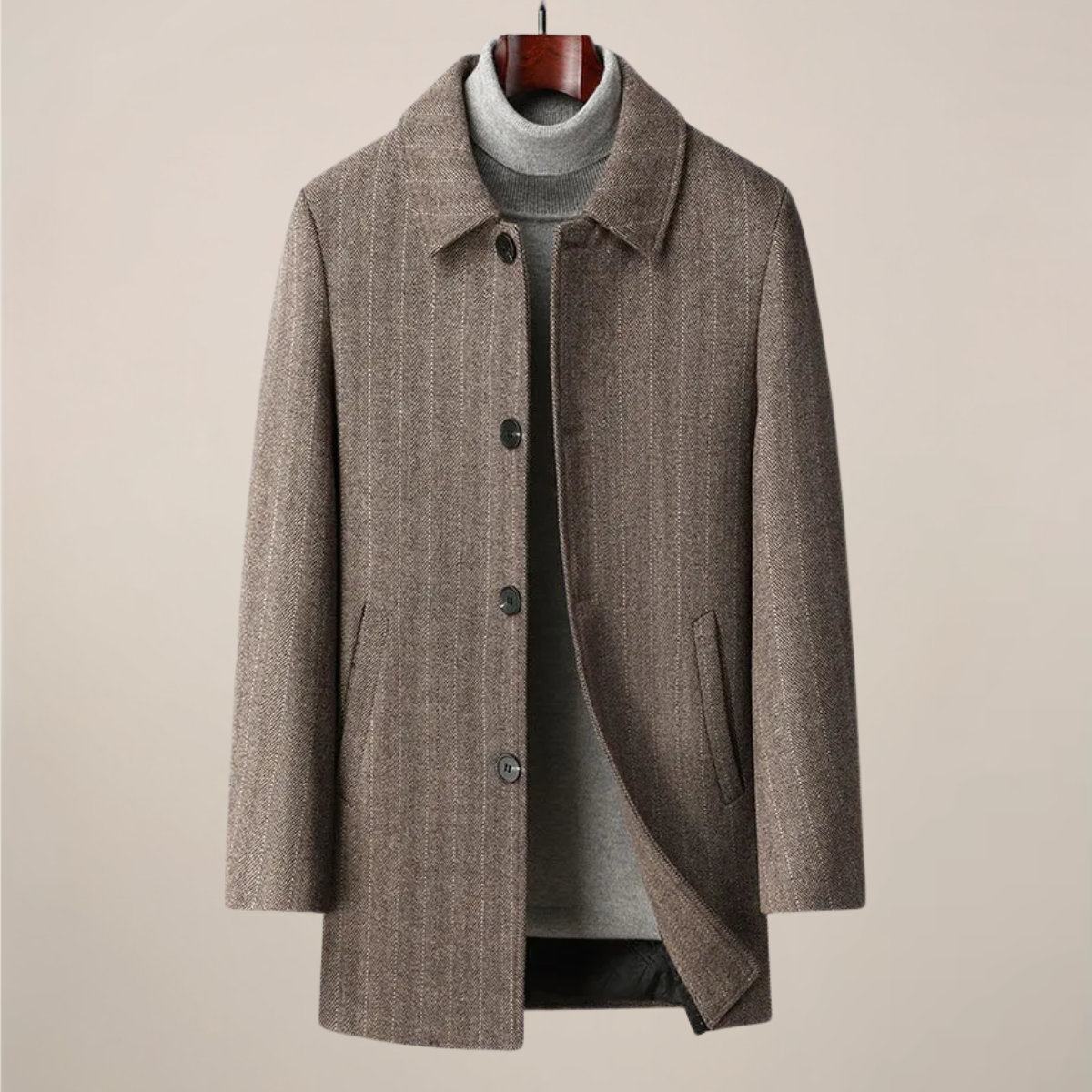 Men’s Herringbone Car Coat – Point Collar, Button Front