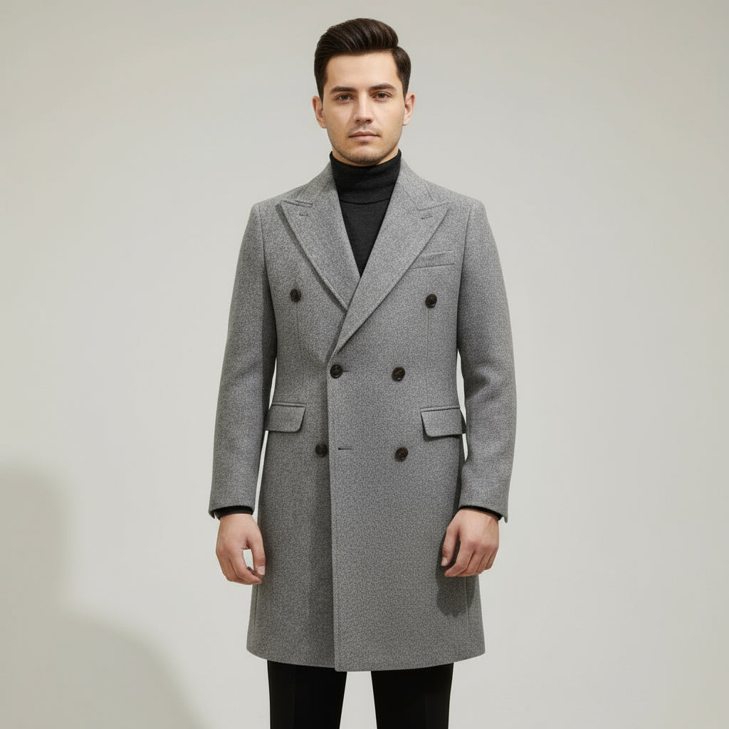 Men’s Light Grey Italian-Style Double-Breasted Overcoat – Tailored Winter Coat