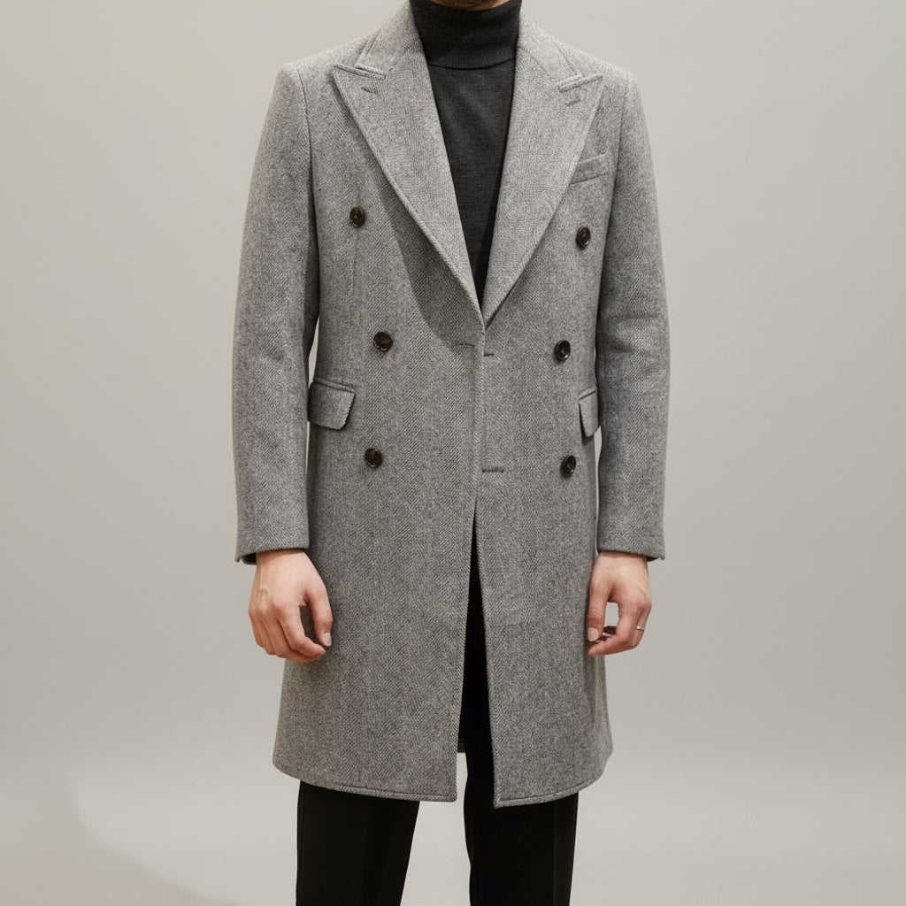 Men’s Light Grey Italian-Style Double-Breasted Overcoat – Tailored Winter Coat