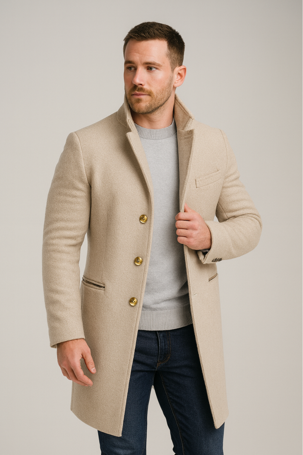 Men’s Long Coat – Black, Single-Breasted, Gold-Button Detail