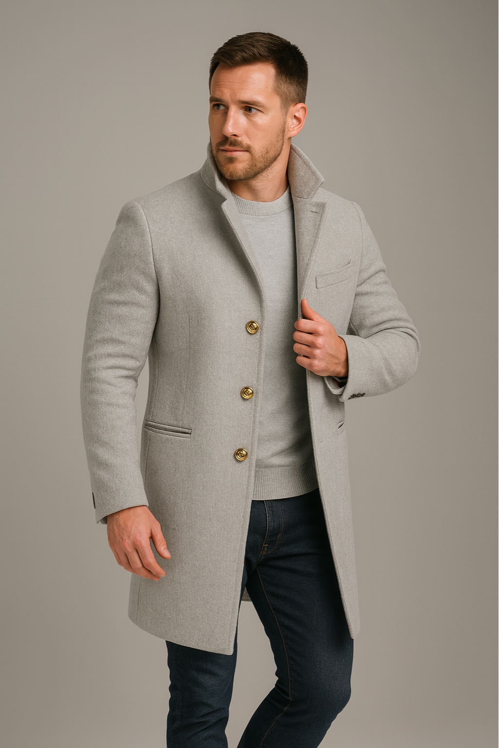 Men’s Long Coat – Black, Single-Breasted, Gold-Button Detail