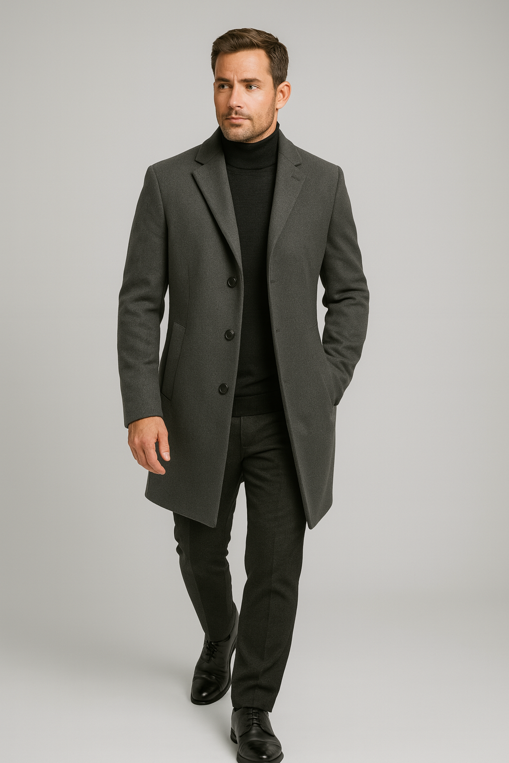 Men’s Long Overcoat – Classic, Single-Breasted, Notch Lapel