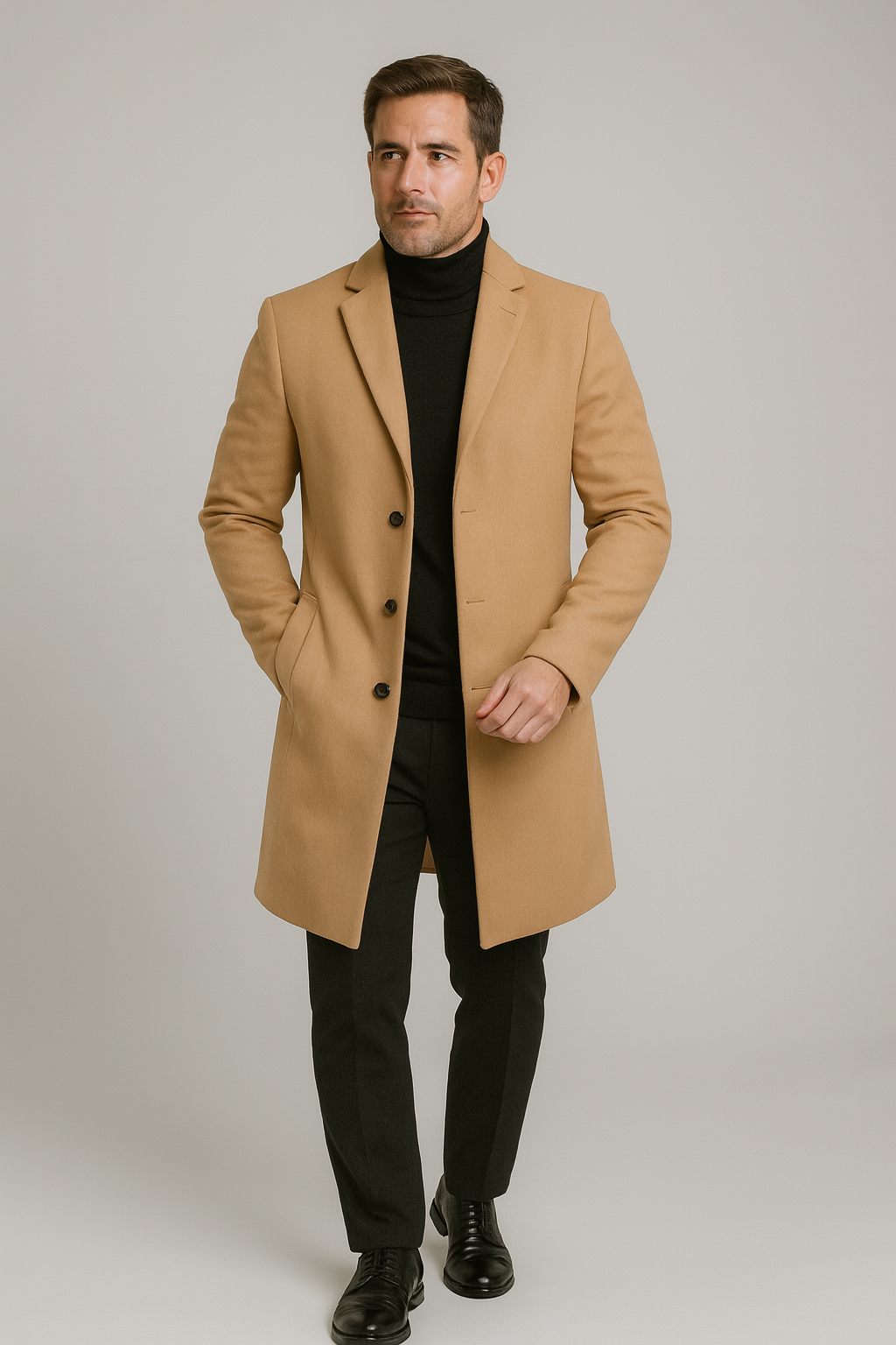 Men’s Long Overcoat – Classic, Single-Breasted, Notch Lapel