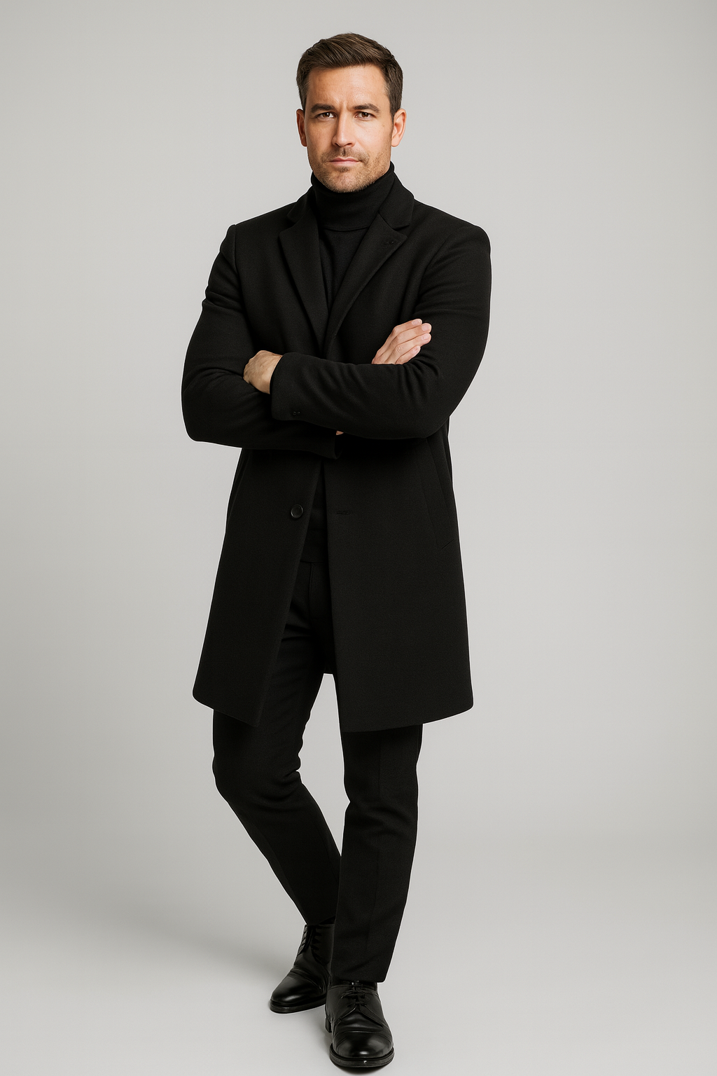 Men’s Long Overcoat – Classic, Single-Breasted, Notch Lapel