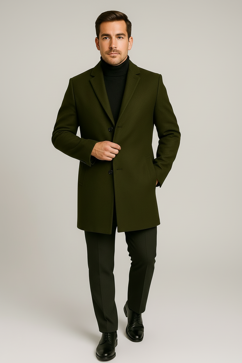 Men’s Long Overcoat – Classic, Single-Breasted, Notch Lapel