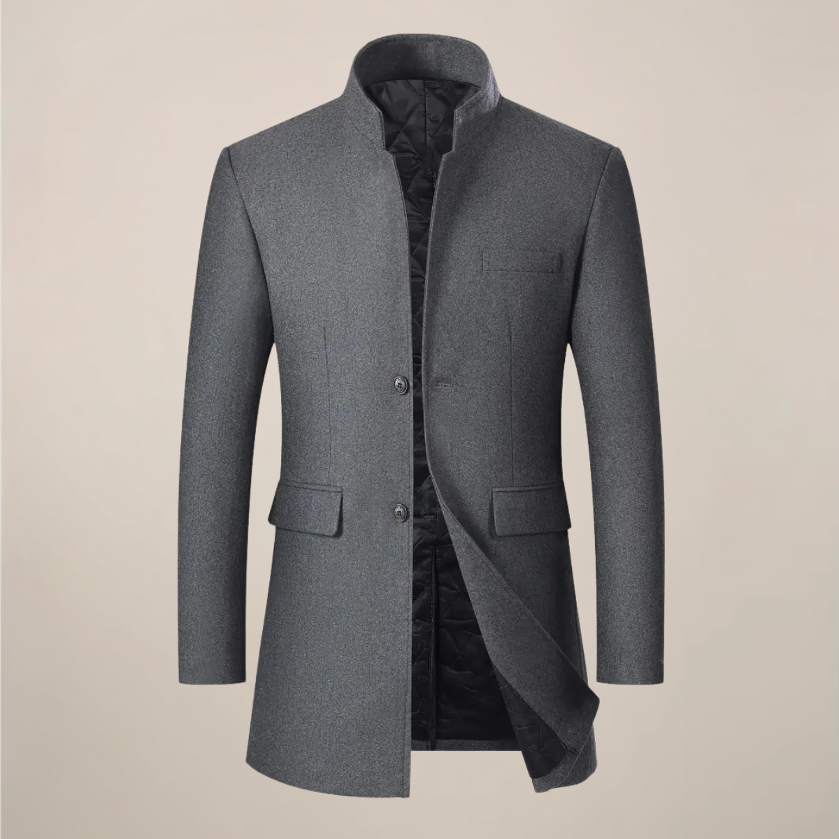 Men’s Long Winter Coat – Slim Fit Button-Up Jacket with Stand Collar