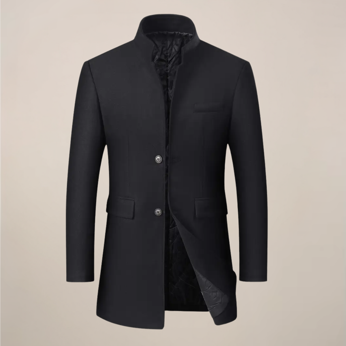 Men’s Long Winter Coat – Slim Fit Button-Up Jacket with Stand Collar