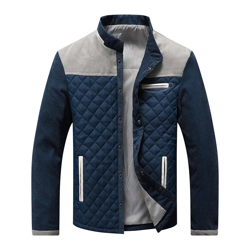 Men’s Quilted Stand Collar Jacket with Contrast Suede Shoulder Panels