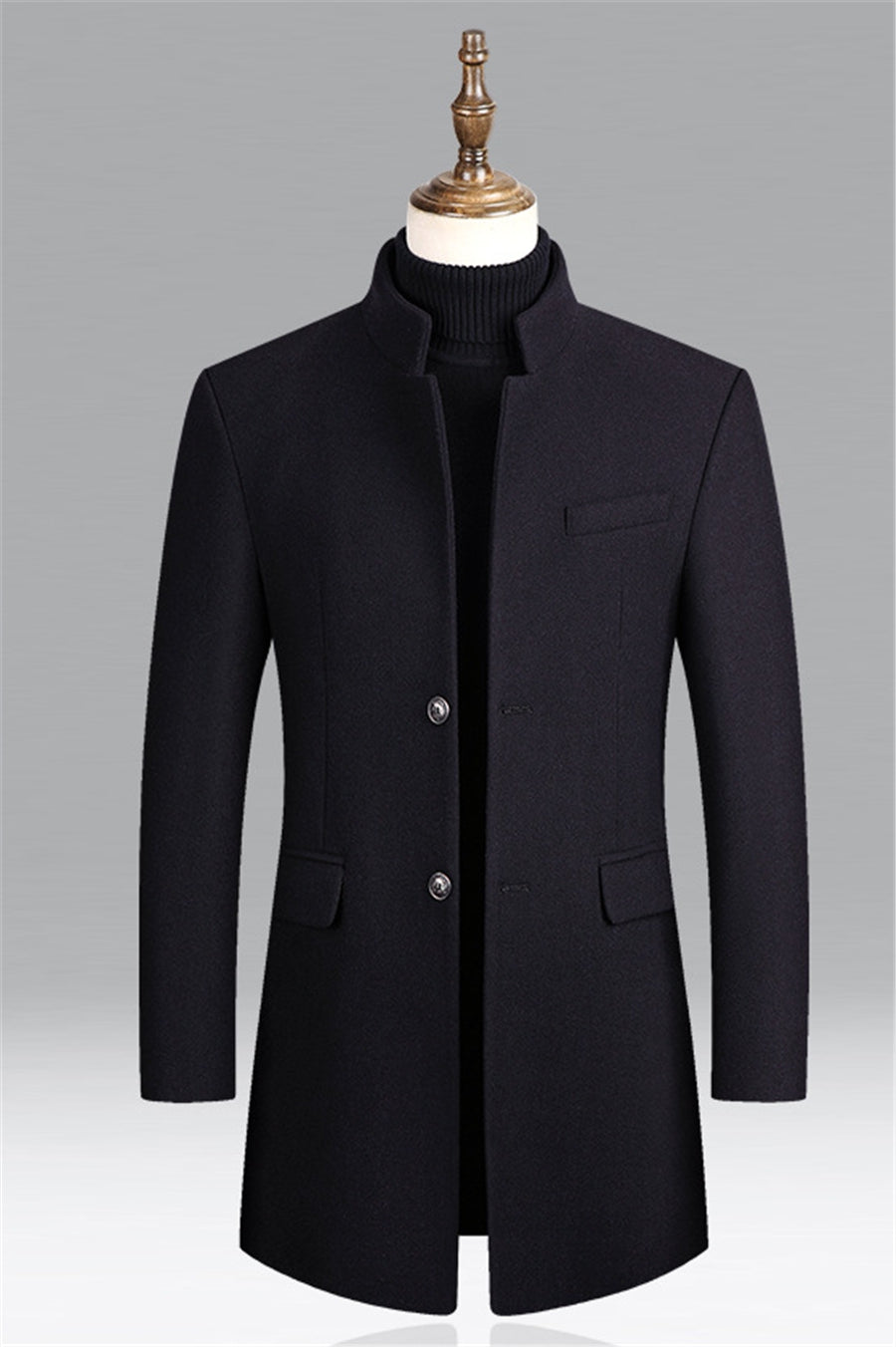 Men’s Stand Collar Overcoat – Formal Longline Jacket for Business & Evening Wear