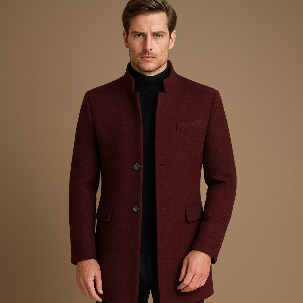 Men’s Stand Collar Overcoat – Formal Longline Jacket for Business & Evening Wear