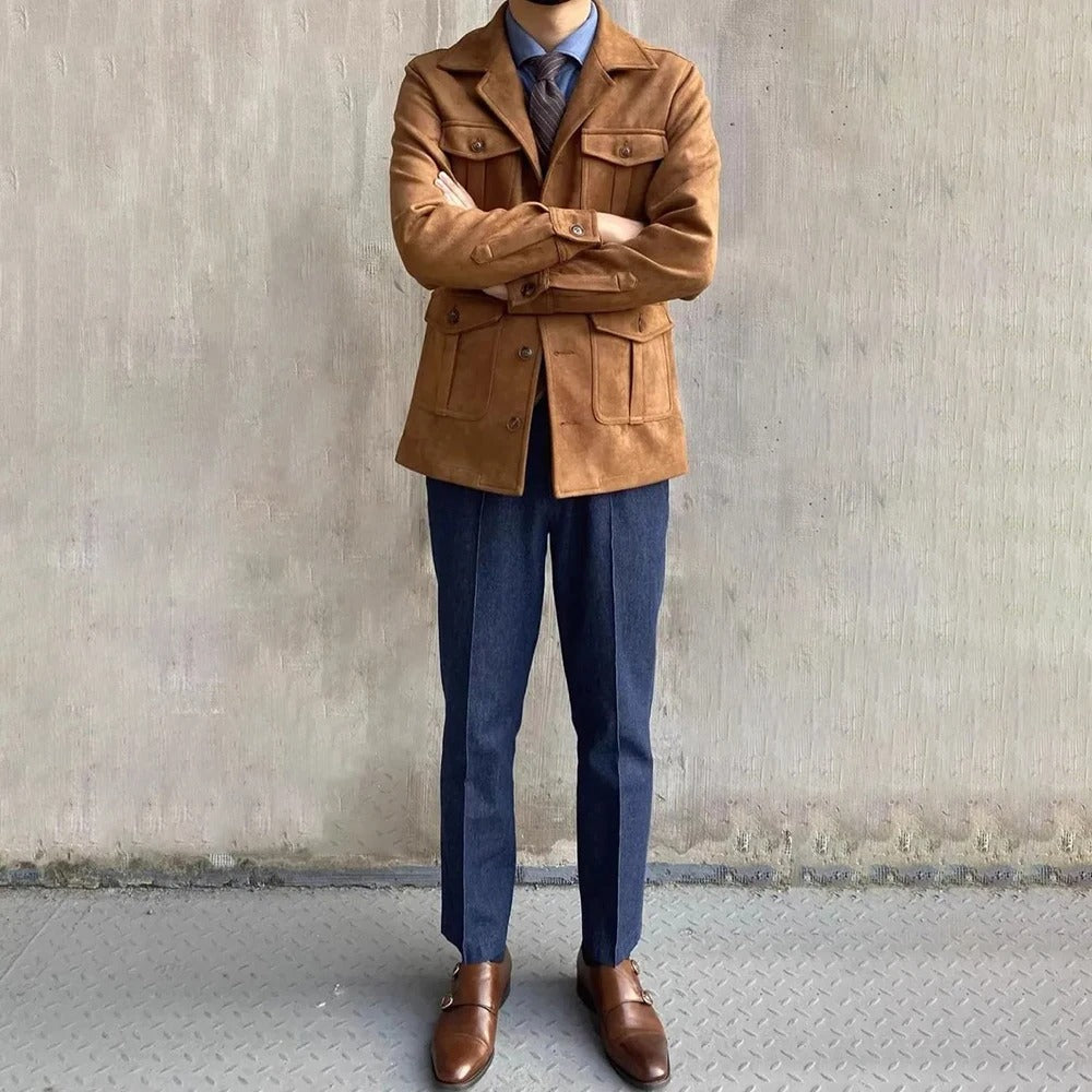 Men’s Suede-Look Hunting Jacket – Four-Pocket, Button Front, Notch Collar
