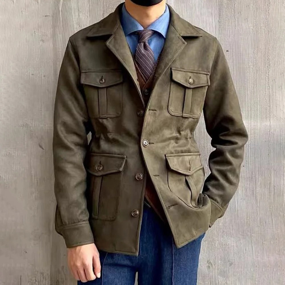 Men’s Suede-Look Hunting Jacket – Four-Pocket, Button Front, Notch Collar