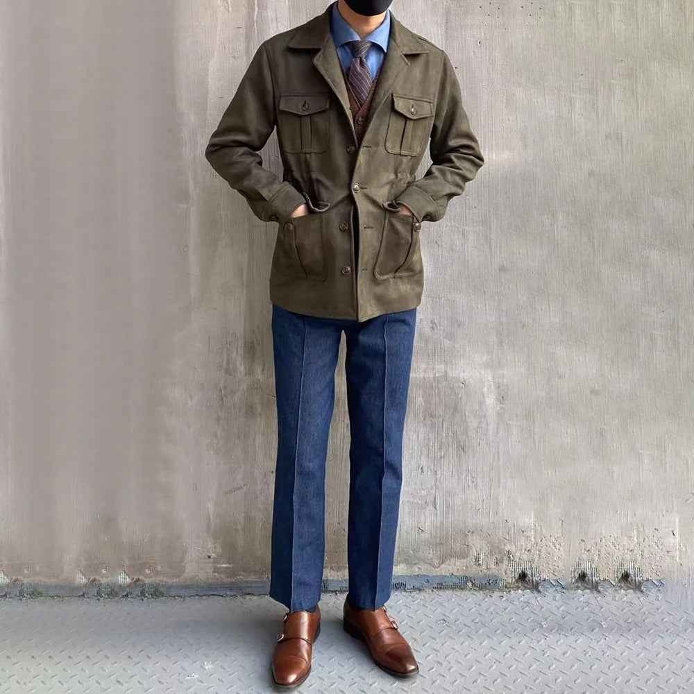Men’s Suede-Look Hunting Jacket – Four-Pocket, Button Front, Notch Collar