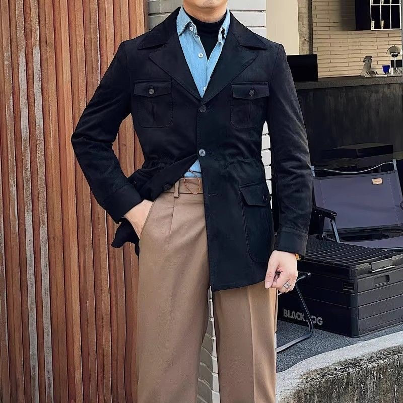 Men’s Suede-Look Hunting Jacket – Four-Pocket, Button Front, Notch Collar