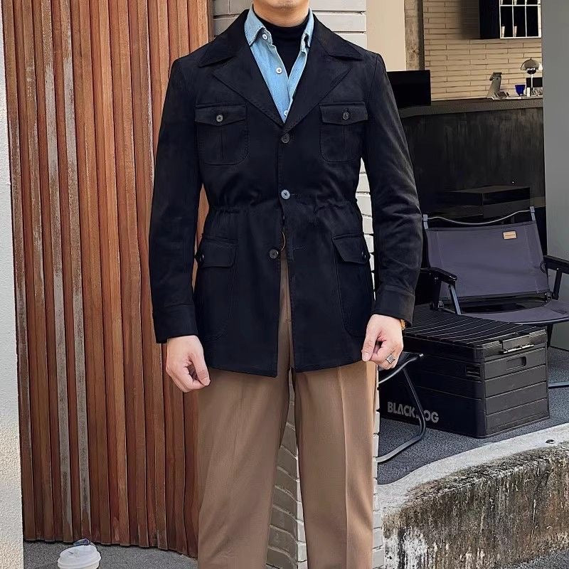 Men’s Suede-Look Hunting Jacket – Four-Pocket, Button Front, Notch Collar