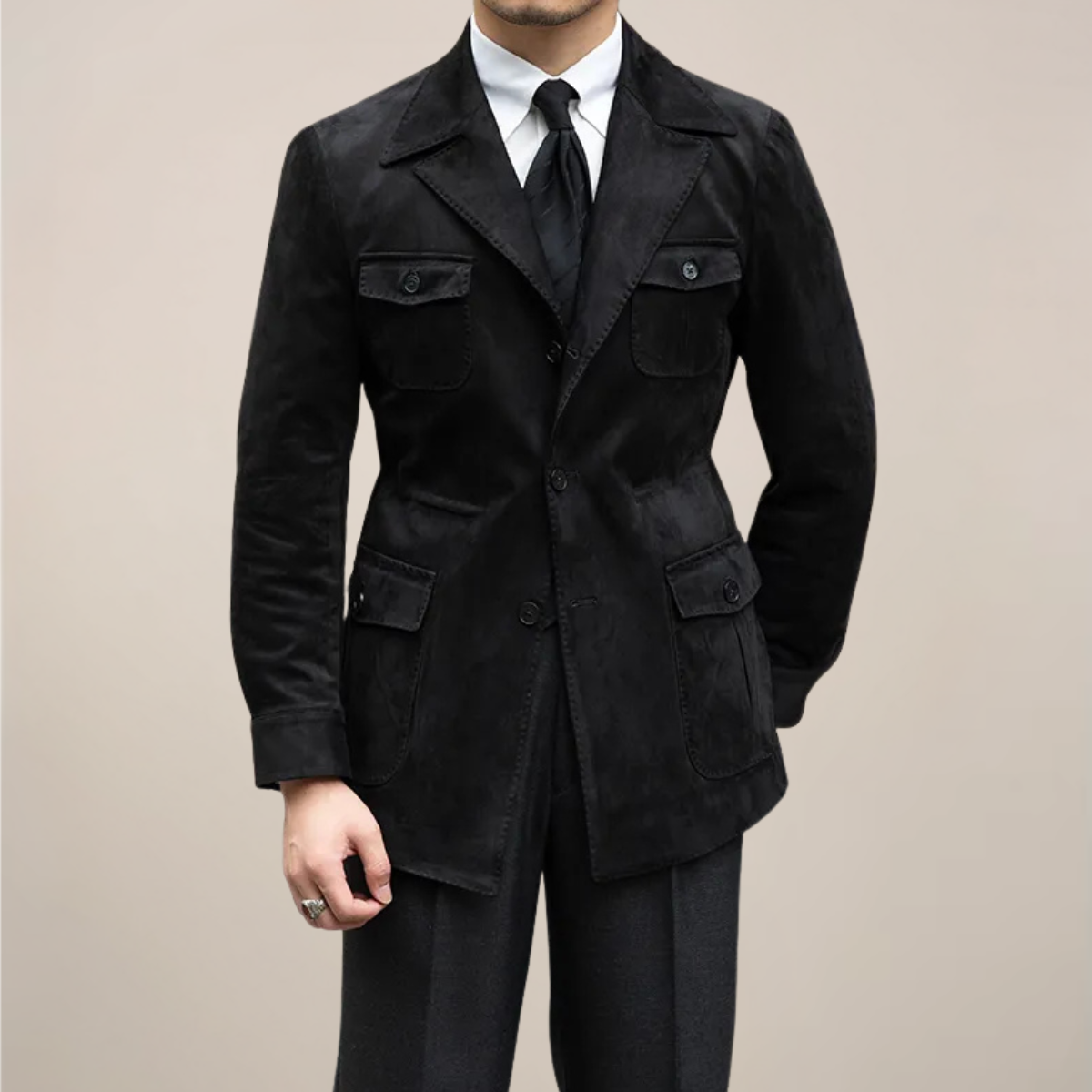 Men’s Suede Safari Jacket – Slim Fit with Four-Pocket Design