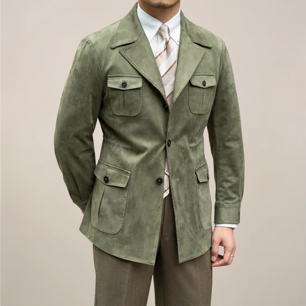 Men’s Suede Safari Jacket – Slim Fit with Four-Pocket Design