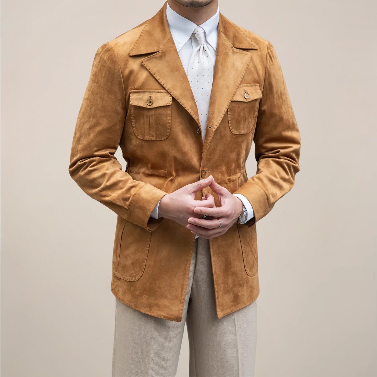 Men’s Suede Safari Jacket – Slim Fit with Four-Pocket Design