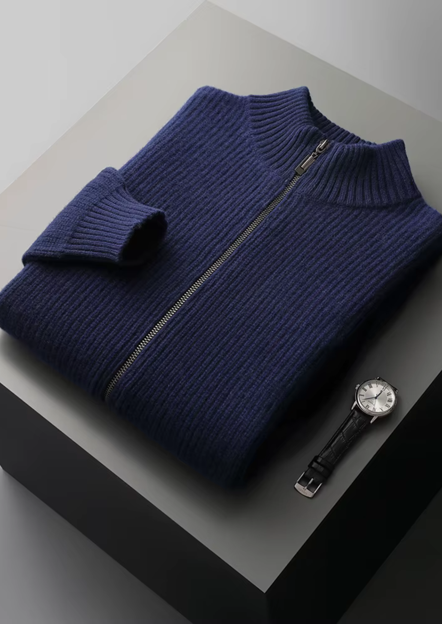 Men’s Zip-Up Ribbed Cardigan Sweater with High Collar – All-Season Casual Layer