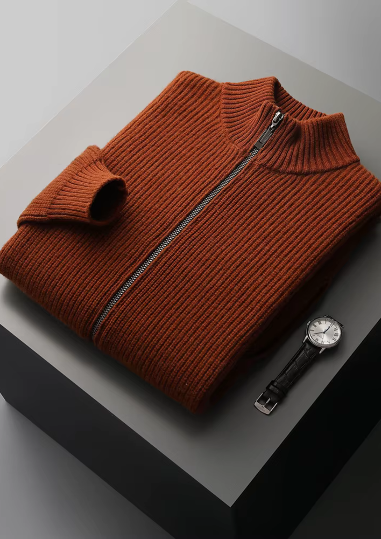 Men’s Zip-Up Ribbed Cardigan Sweater with High Collar – All-Season Casual Layer