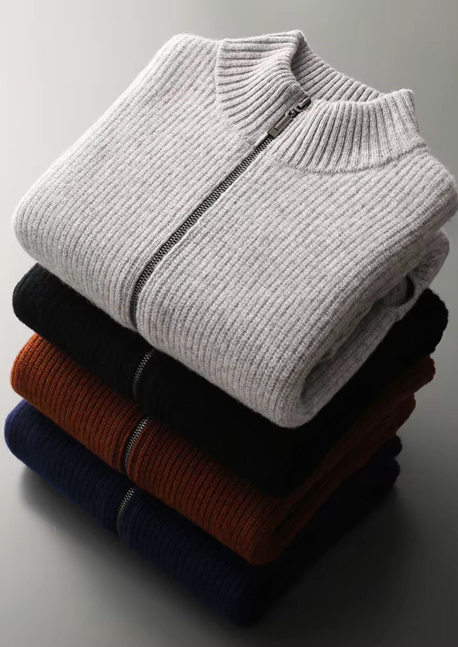 Men’s Zip-Up Ribbed Cardigan Sweater with High Collar – All-Season Casual Layer