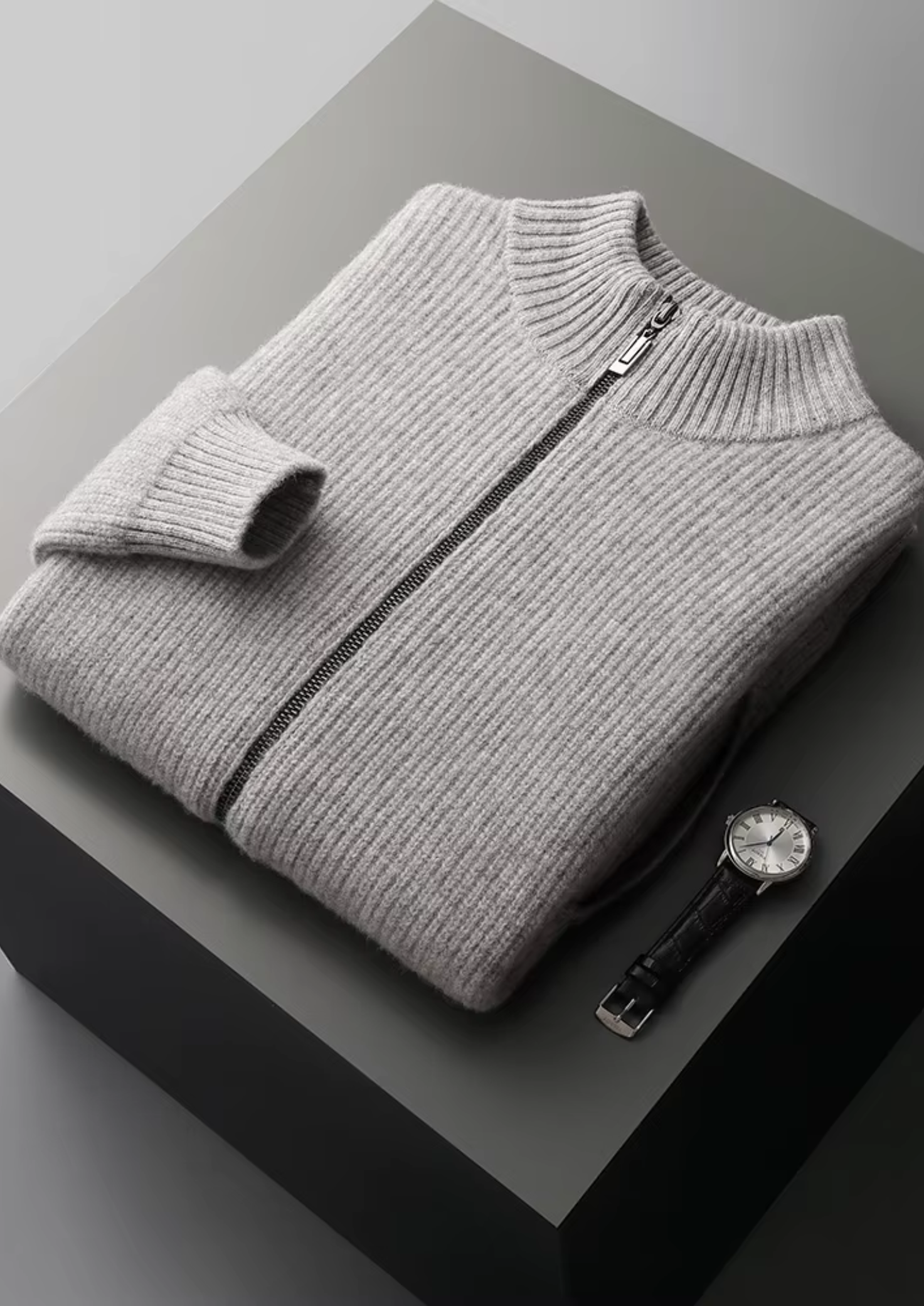 Men’s Zip-Up Ribbed Cardigan Sweater with High Collar – All-Season Casual Layer