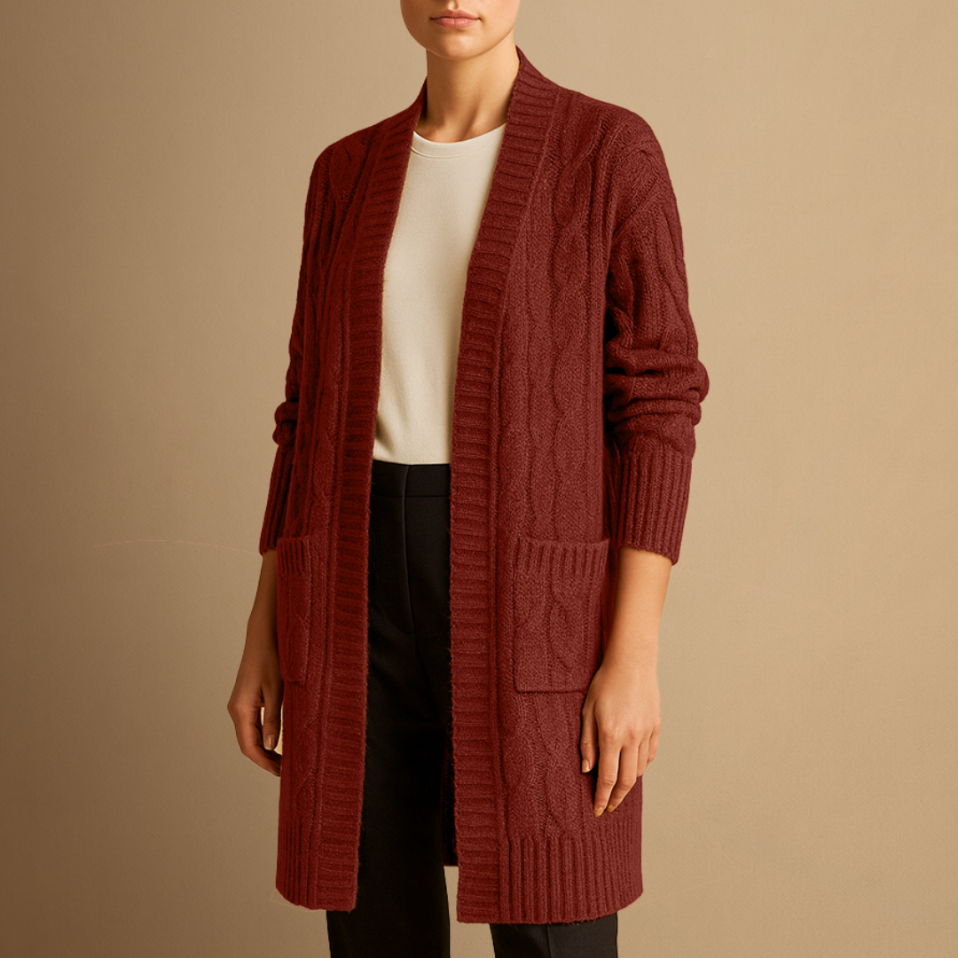 Women’s Cable Knit Long Cardigan – Open Front Design with Pockets