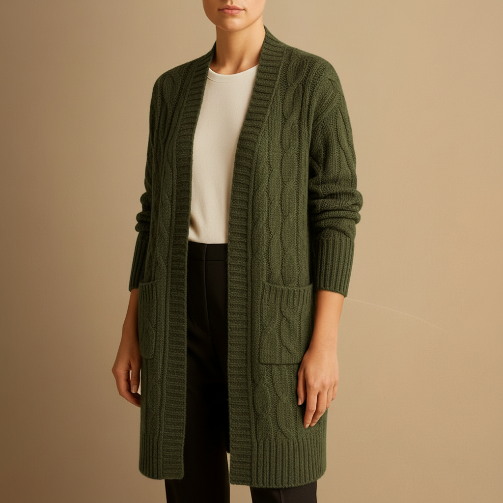 Women’s Cable Knit Long Cardigan – Open Front Design with Pockets