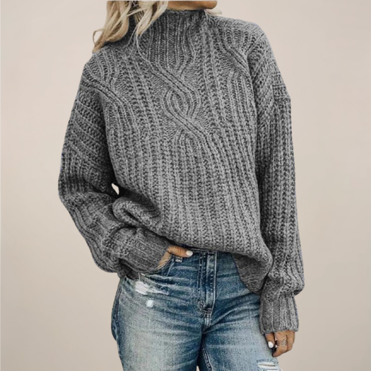 Women’s Cable Knit Sweater – Black, Mock Neck, Relaxed Fit