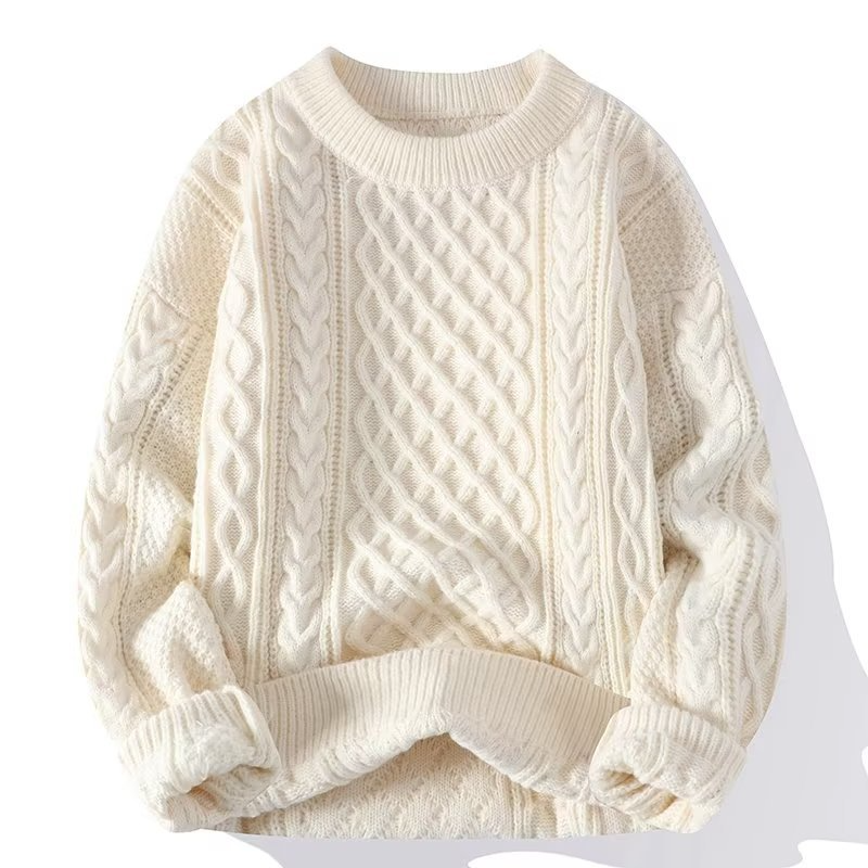 Women’s Cable Knit Sweater – Cream, Chunky Fisherman, Crew Neck