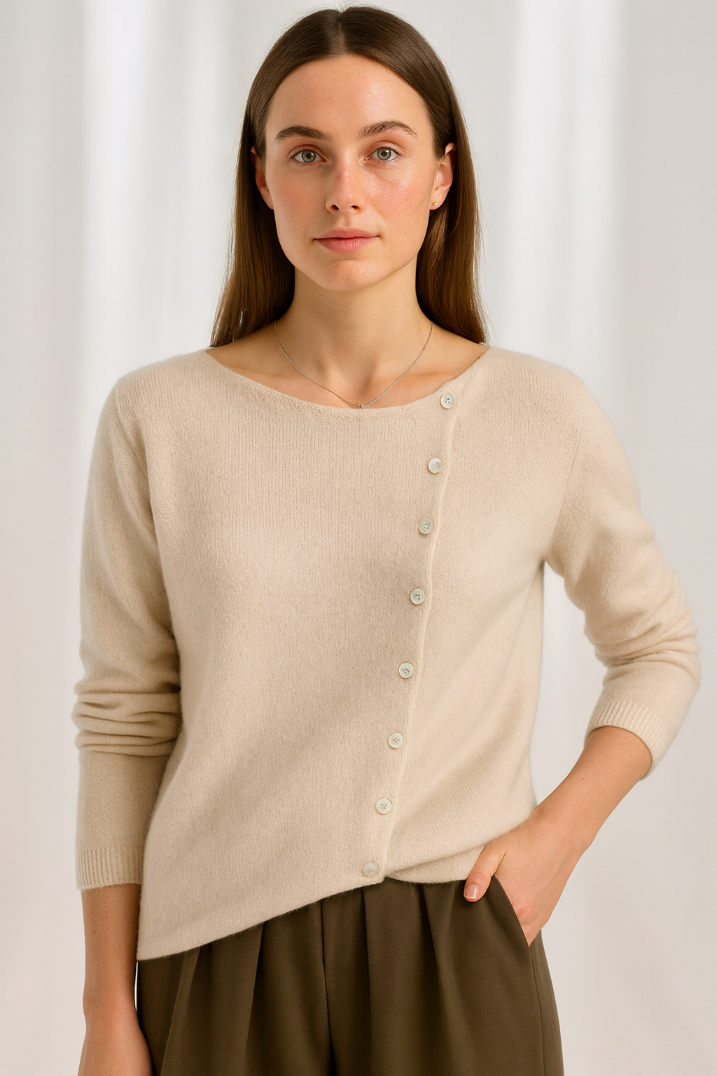 Women’s Cardigan Sweater – Asymmetric Button Front, V-Neck, Long Sleeve