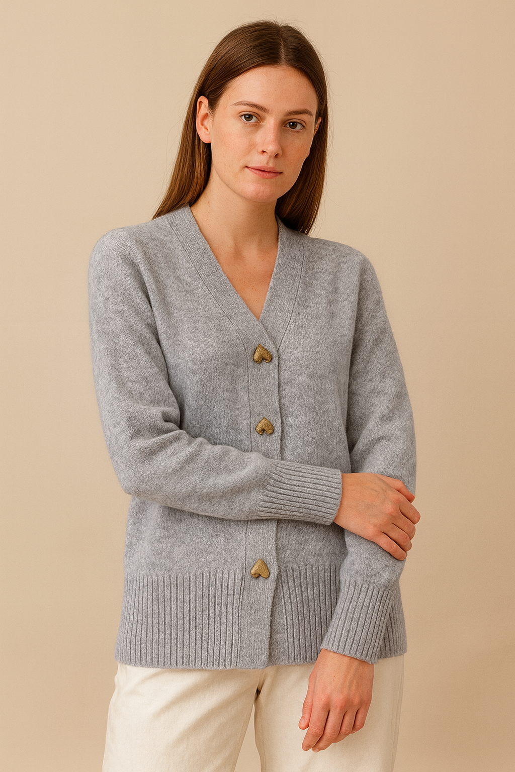 Women’s Cardigan Sweater – Heart Buttons, V-Neck, Long Sleeve