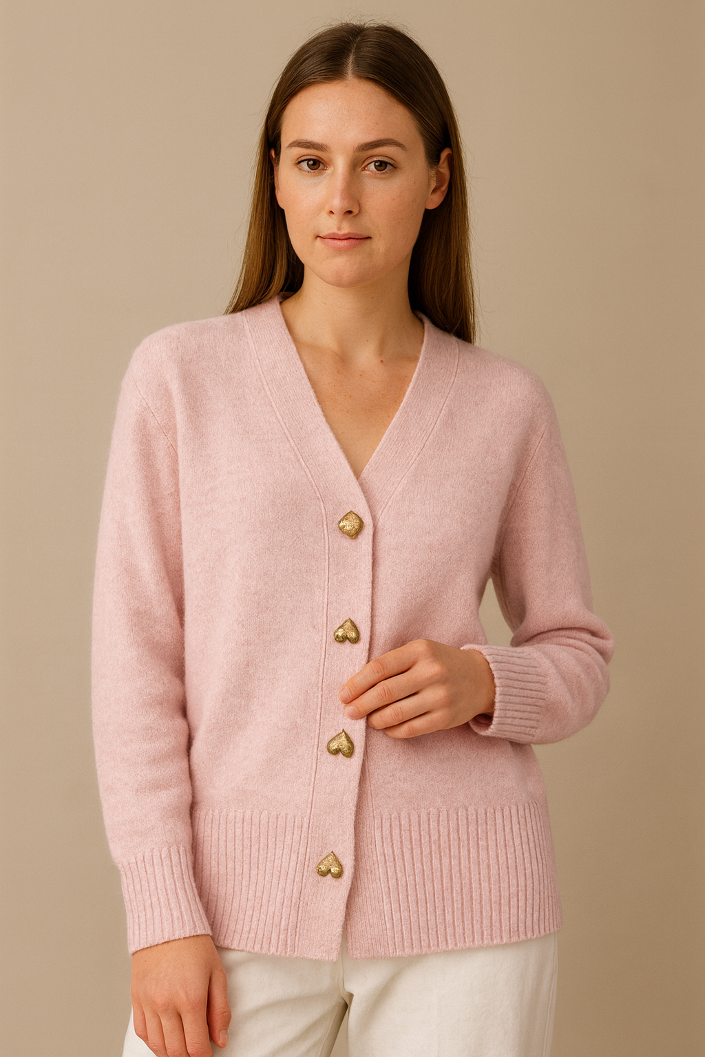 Women’s Cardigan Sweater – Heart Buttons, V-Neck, Long Sleeve
