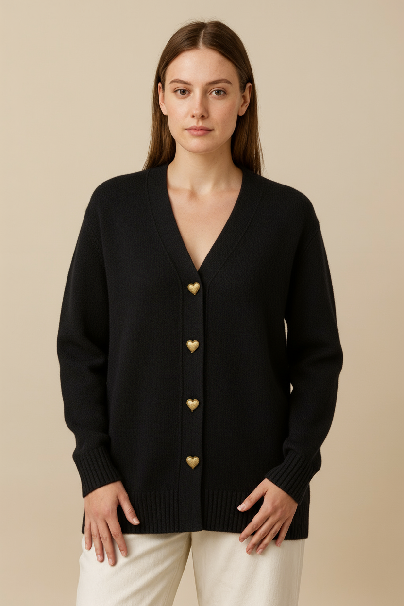 Women’s Cardigan Sweater – Heart Buttons, V-Neck, Long Sleeve